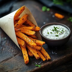 Delicious sweet potato fries served with a creamy dipping sauce on a rustic wooden table