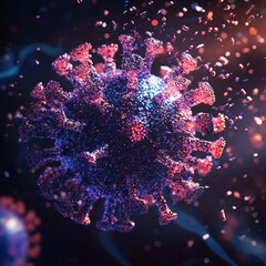 A detailed microscopic view of a coronavirus particle with spike proteins and floating fragments around it