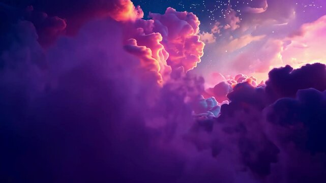 Surreal sky with vibrant pink and orange cumulus clouds glowing during sunset. Concept of synth wave dreamscape and atmospheric beauty, Y2K nostalgia