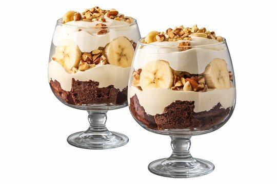 A photo of two clear glasses filled with a trifle dessert