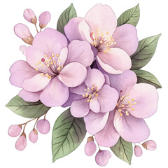 Beautiful arrangement of delicate purple flowers with green leaves in soft watercolor style