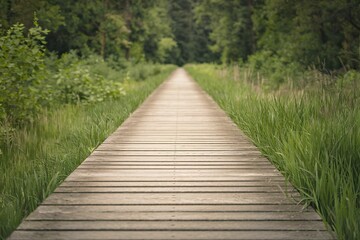 A serene photo of a wooden pathway that extends straight ahead, flanked by lush green grass