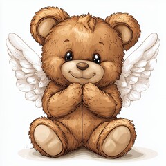 Adorable Brown Teddy Bear with White Angel Wings on White Background