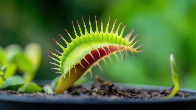 A close-up view of a Venus flytrap (Dionaea muscipula) showcasing its unique trapping mechanism and vibrant green colors.