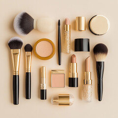 Overhead shot of various makeup products including brushes lipstick and powder on a beige background