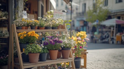 Obraz premium Colorful flower displays in a European town market