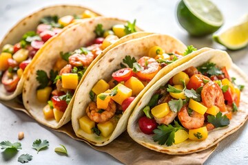 cajun shrimp tacos with mango salsa in white background