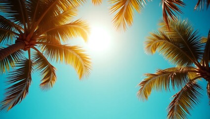 Tropical Palm Trees Sunny Sky Bright Day