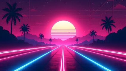 Fototapeta premium A retro-futuristic digital sunset with a centered glowing sun, neon lights, stylized landscapes, and nostalgic 80s color tones. Timeless, dreamy, and vibrant. AI-Generated.
