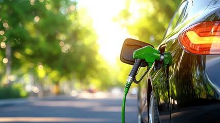 Naklejka premium A car is refueling with a green gas nozzle, set against a sunny backdrop of blurred trees, emphasizing eco-friendly energy, Green Technology.