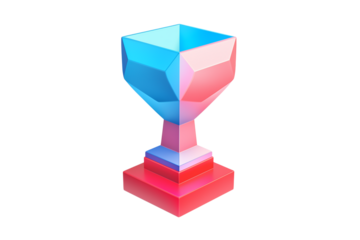 Geometric modern trophy in blue and pink gradient, polygonal design with sharp angular facets, square base png on transparent background