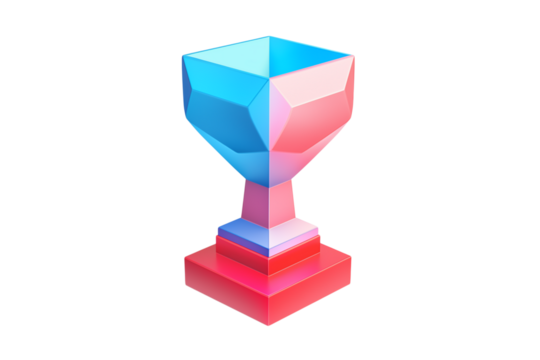 Geometric modern trophy in blue and pink gradient, polygonal design with sharp angular facets, square base png on transparent background