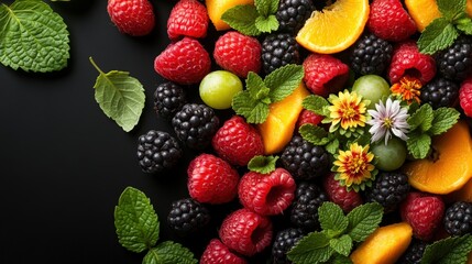 Obraz premium A vibrant collection of fresh raspberries, blackberries, green grapes, orange slices, and mint on a striking black background for a colorful display
