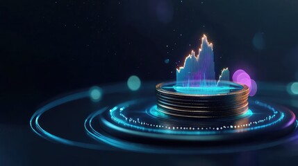 3D stack of coins with a growing arrow graph, showcasing financial success and market performance with a dark background.