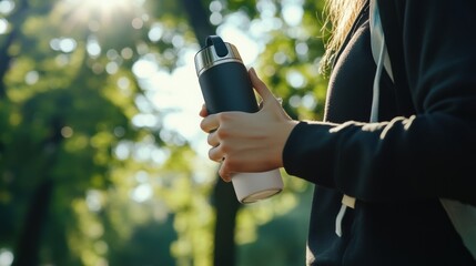 A person using a smart water bottle to track hydration levels, outdoor hiking trail with digital display showing water intake and hydration goals, High-tech style