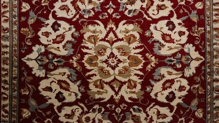 Naklejka premium Intricate woolen Oriental rug with a rich red background featuring floral patterns and decorative motifs.