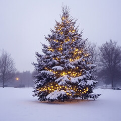 A snow covered christmas tree with yellow lights in a snowy landscape on a cloudy winter day