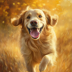 A golden retriever running through a field with its tongue out and a happy expression on its face
