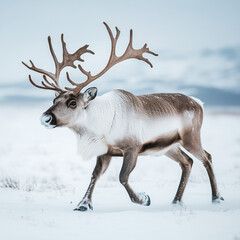 A reindeer with large antlers walking through a snowy landscape on a bright overcast day in winter