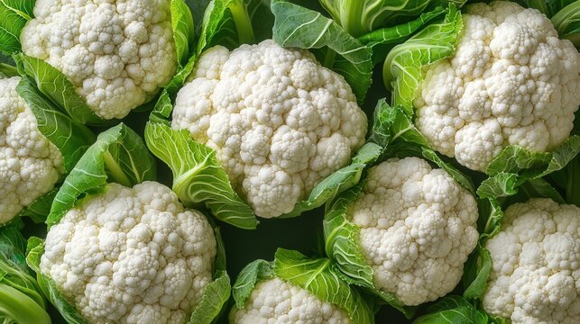 Fresh organic cauliflower heads with lush green leaves, showcasing natural texture.