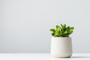 Fototapeta premium Grüne Zimmerpflanze in modernem Blumentopf vor weißem Hintergrund