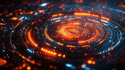 Futuristic digital interface with glowing orange and blue elements, creating vibrant visual