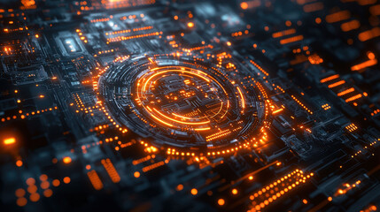 High tech circuit board with glowing orange lights and intricate patterns, showcasing technology