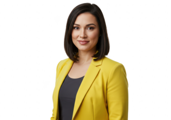 A professional woman with shoulder-length dark hair, wearing a yellow blazer over a dark gray shirt isolated on White background