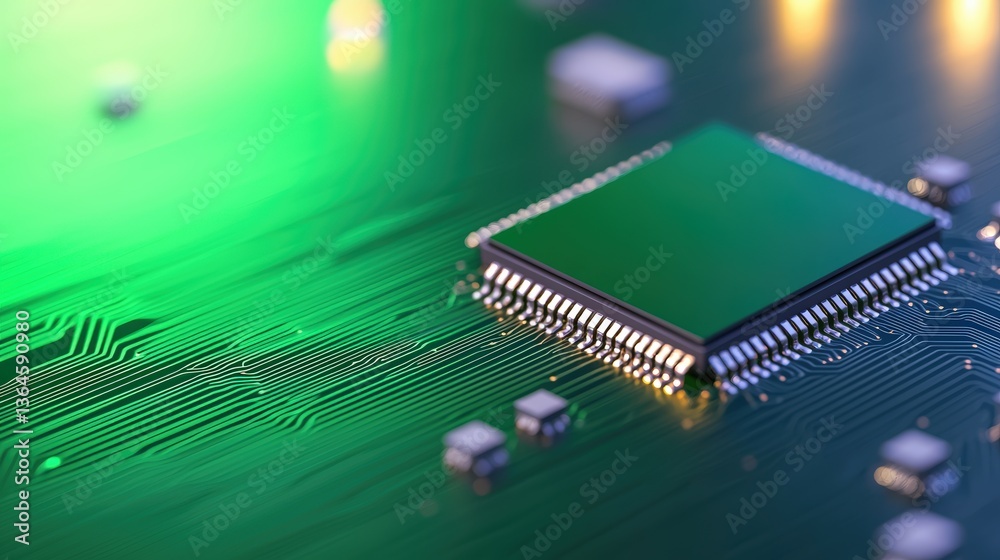 Poster a close-up image of a computer circuit board featuring a microprocessor, illuminated with green and 