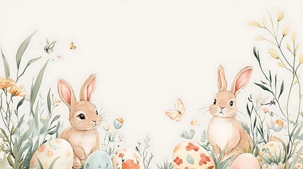 Fototapeta premium Easter Bunnies Spring Flowers Eggs. (5)
