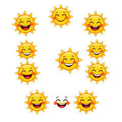 Sun cheerful face clipart set. Yellow sun emoticon clip art with happy and playful facial expressions collection summer emoji vector illustration.