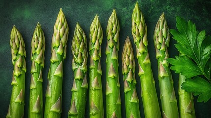 Fototapeta premium Fresh asparagus spears laid out alongside leafy greens on a dark green background.
