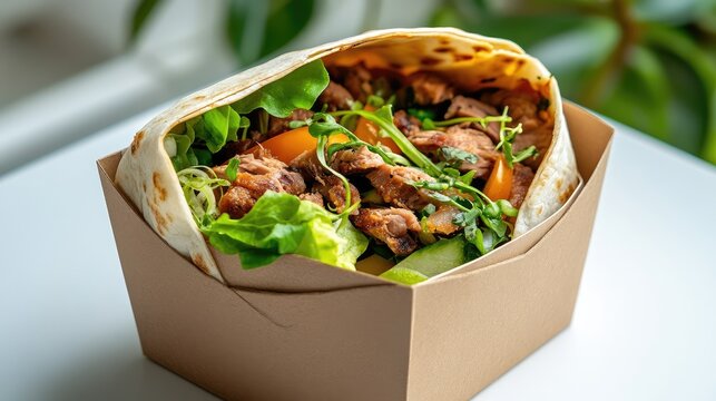 Close-up of a freshly prepared doner wrap resting in a box, showcasing tender meat and crisp veggies, white background.