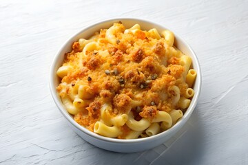 mac and cheese with extra cheddar and breadcrumbs in white background