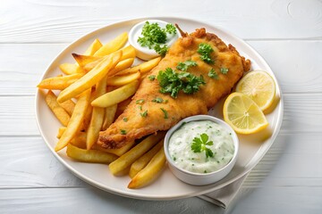 crispy fish and chips with tartar sauce in white background