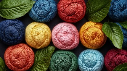 Colorful yarn balls surrounded by lush green leaves create a vibrant and cozy atmosphere.