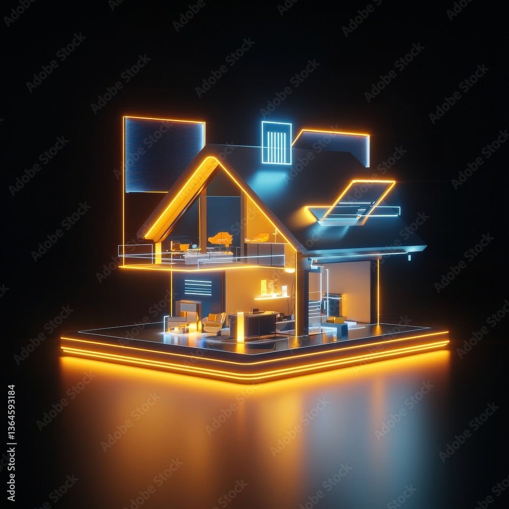 Poster a 3d rendering of a futuristic smart home controlled by ai.