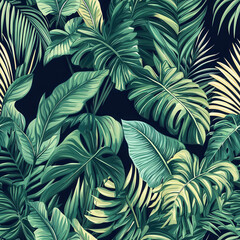 Tropical seamless pattern with vibrant green palm and monstera leaves on dark background