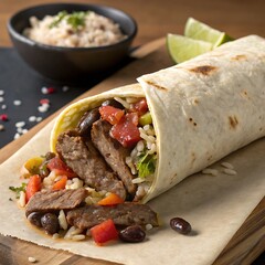 "Beef and Vegetable Wrap Burrito – A Hearty Burrito filled with Savory Beef, Crisp Vegetables, Wrap Burrito  Relleno de Carne de Res Sabrosa, Verduras Crujientes y Condimentos Perfectos."