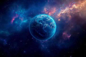 Obraz premium A digital image of a planet in a colorful nebula, capturing a cosmic and abstract feel. Perfect for space and science visuals.