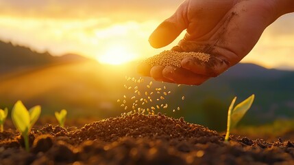 Fototapeta premium A hand releases seeds into the soil at sunset, symbolizing growth and agriculture, with emerging green seedlings in the foreground, Green Technology.
