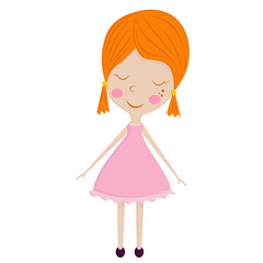Cute cartoon girl with orange hair, ponytails, pink dress and purple shoes, standing with happy expression and closed eyes on white background.