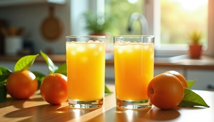 Chilled Orange Juice with Ice on Wooden Table , Fresh Citrus Refreshment