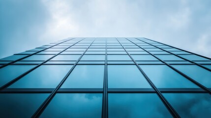Fototapeta premium Low angle view of modern glass skyscraper against cloudy sky.