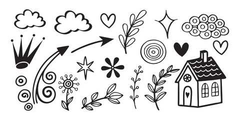 Naklejka premium set of crayon hand-drawn childish punk style doodle icons: arrows, swirls, spirals, hearts, mermaid scales, clouds shape