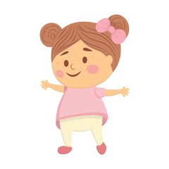 Obraz premium A cute cartoon girl with brown hair in two buns, adorned with a pink bow, wearing a pink shirt and beige pants, standing with arms outstretched against a white background.