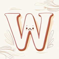 A whimsical hand-drawn clip artwork of an smiling face of a big letter W on a crisp white background, created in a vector style with bold lines, soft curves, and delicate textures. Pastel creamy card	