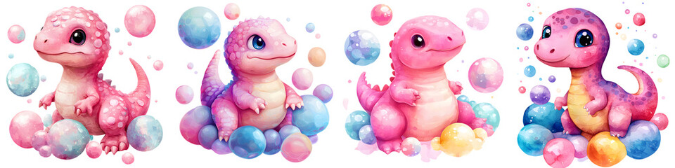 Charming digital of whimsical kawaii dinosaur creatures in a vibrant magical fantasy landscape filled with colorful bubbles and dreamlike elements