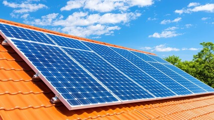 A bright rooftop features solar panels under a clear blue sky, showcasing renewable energy technology against a backdrop of greenery, Green Technology.