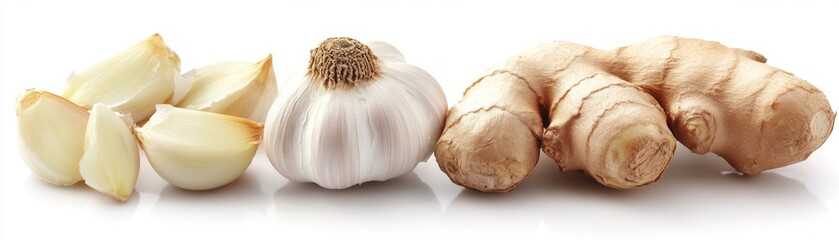 Fototapeta premium Fresh Garlic and Ginger Roots Arranged on White Background